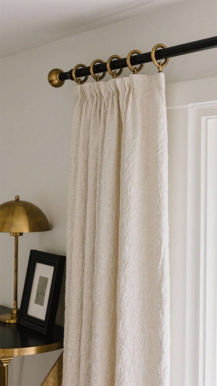 Closeup detail: Curtain hardware vignette featuring a matte black rod with polished brass rings and simple cap finials; the mixed metals are echoed by a nearby brass table lamp and black picture frame; textured off-white drapery panel sliding smoothly; soft ambient lighting for a curated, layered look.