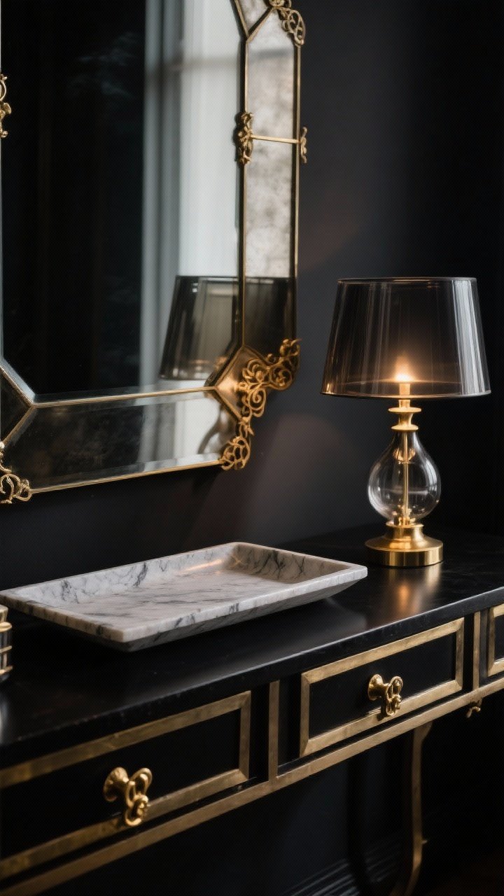 Closeup detail emphasizing contrast and shine: antique brass hardware on a black console, a smoked/antiqued mirror panel catching soft reflections, a honed soapstone tray with subtle veining, and a smoked glass table lamp base glowing gently. Dark background to make the metallics and glass pop; controlled, moody lighting to prevent a glam feel.