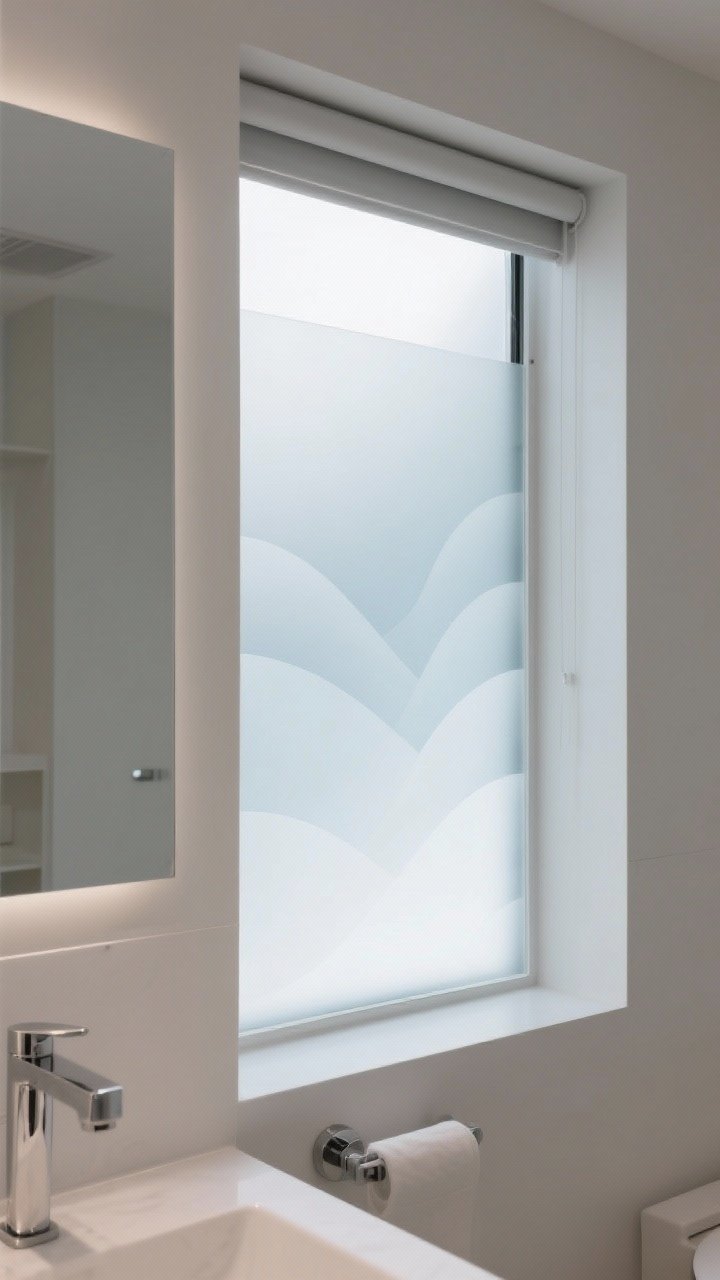 Closeup detail: Frosted window film in a soft gradient pattern on a bathroom window, providing privacy while allowing diffused light; perfectly smooth, bubble-free application with crisp edges; minimalist space with matte chrome fixtures; optional slim roller shade above for flexible coverage.
