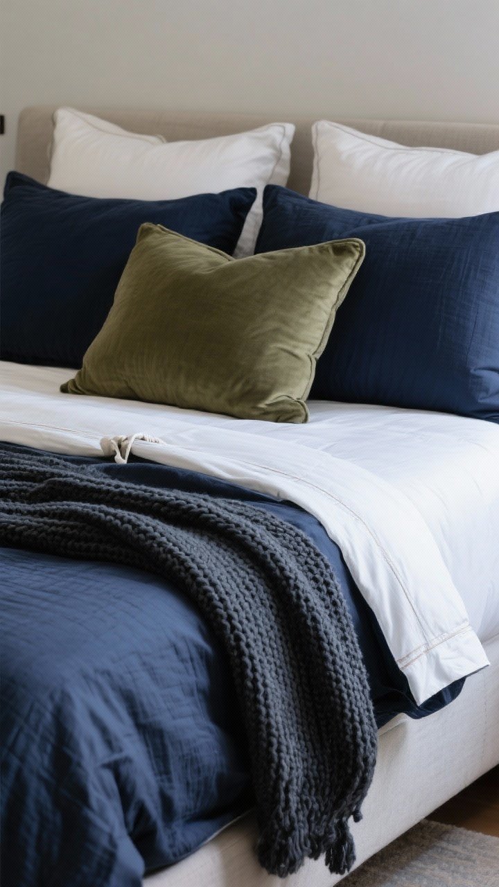 Closeup detail: “Grown-up” bedding textures. Solid navy duvet with slight matte texture, crisp white percale sheets peeking at the cuff, chunky knit throw in charcoal draped across the foot, two sleeping pillows, two shams, and one olive accent pillow. Soft side lighting highlighting fabric weave; duvet cover with discreet corner ties visible at the edge.