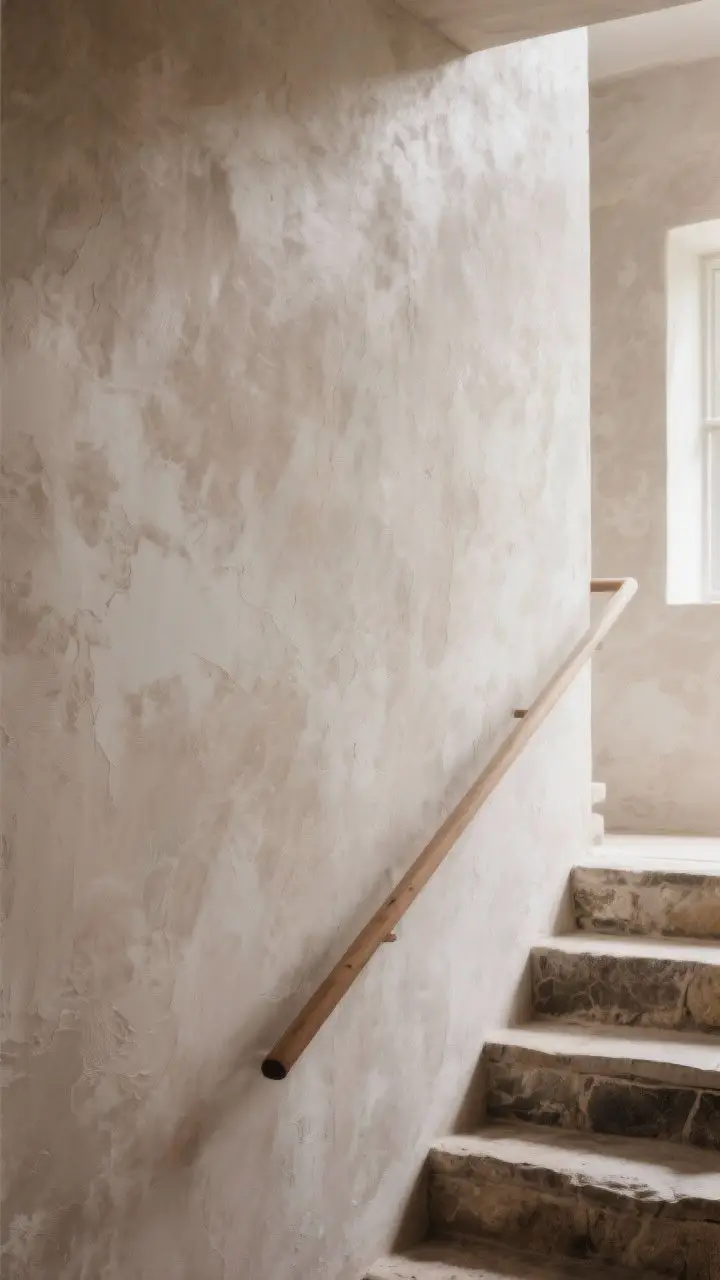 Closeup detail: Limewashed staircase wall in earthy taupe with soft, cloudy tonal variation. Gentle natural light from a nearby window glances across the surface, revealing subtle movement and Old-World texture. Adjacent elements—stone-toned steps and a simple wood rail—remain minimal so the finish takes center stage. The wall appears breathable, matte, and luminous without sheen.