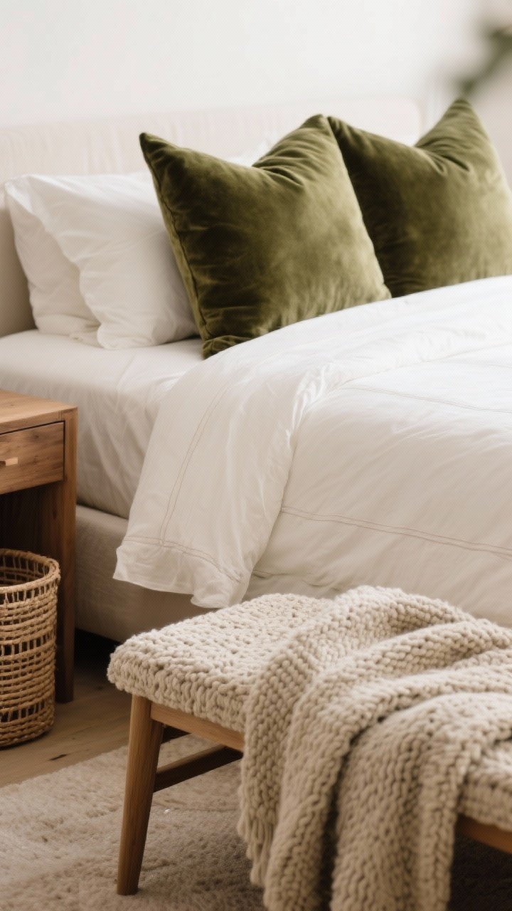 Closeup detail: Luxe texture vignette on the bed—linen duvet in off-white, crisp cotton percale sheets peeking at the edge, a pair of moss velvet pillows, a boucle bench at the foot, and a chunky knit throw draped casually; natural wood nightstand and a woven rattan hamper in the background blur; tactile, cozy feel.