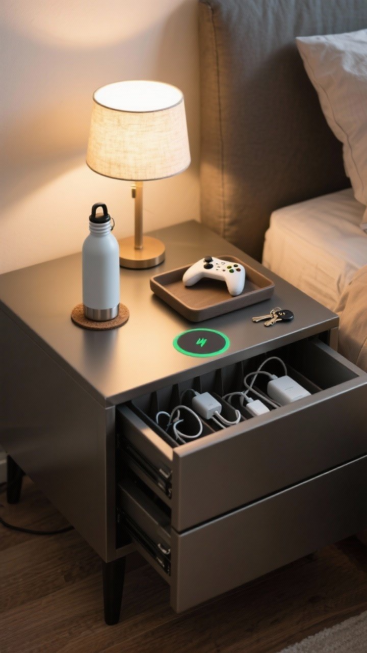 Closeup detail: Nightstand that works overtime. Metal or wood nightstand with drawers; top styled with a small bedside lamp, a coaster with an insulated water bottle, and a catchall tray holding a controller and keys. Open drawer reveals dividers taming chargers and cables; wireless charging pad on top. Warm bedside glow.