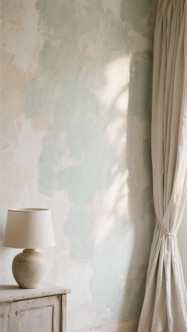 Closeup detail of a limewashed wall in layered tones of dove and sand, showing cloudy, dreamy brushwork and gentle tonal variation; raking afternoon light grazing the surface for a soft glow; a sliver of linen drape and a ceramic table lamp base in frame to reinforce texture harmony; serene, old-world vibe.