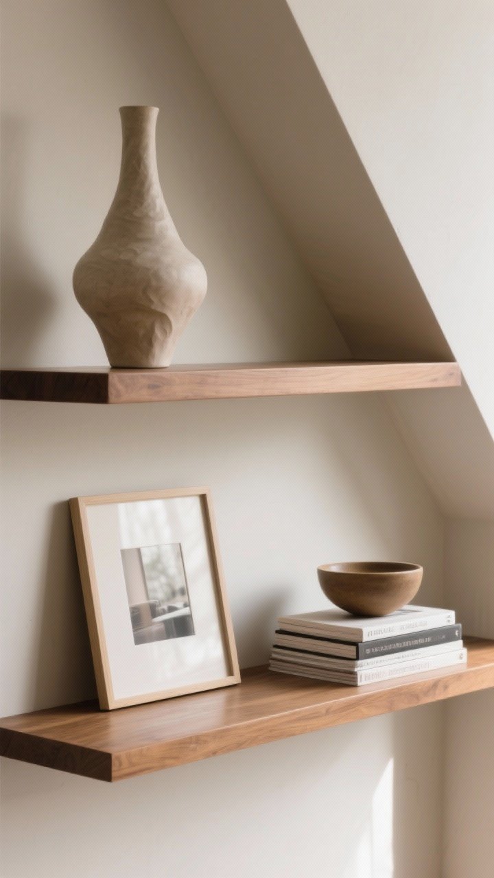 Closeup detail of a single shelf styled as a visual triangle: a tall sculptural vase (high), a medium framed photo leaning (medium), and a low stack of hardcover books topped with a small bowl (low). Objects arranged at staggered heights, odd-number grouping of three, mix of shapes—round bowl, linear books, organic vase—soft daylight from the side, warm wood shelf for subtle contrast.