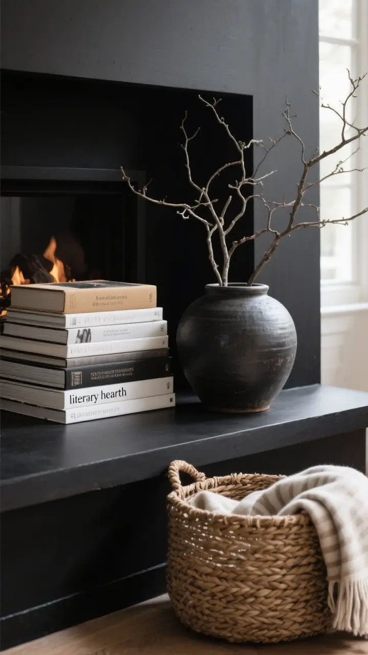 Closeup/detail of a styled firebox when off: a stack of large art books laid horizontally for a “literary hearth” moment, next to a woven basket holding a folded throw. A large ceramic urn filled with airy branches placed centrally in the matte black painted firebox for contrast. Natural daylight from the side, focus on textures—matte black, woven fibers, paper edges, ceramic glaze. Tight framing.
