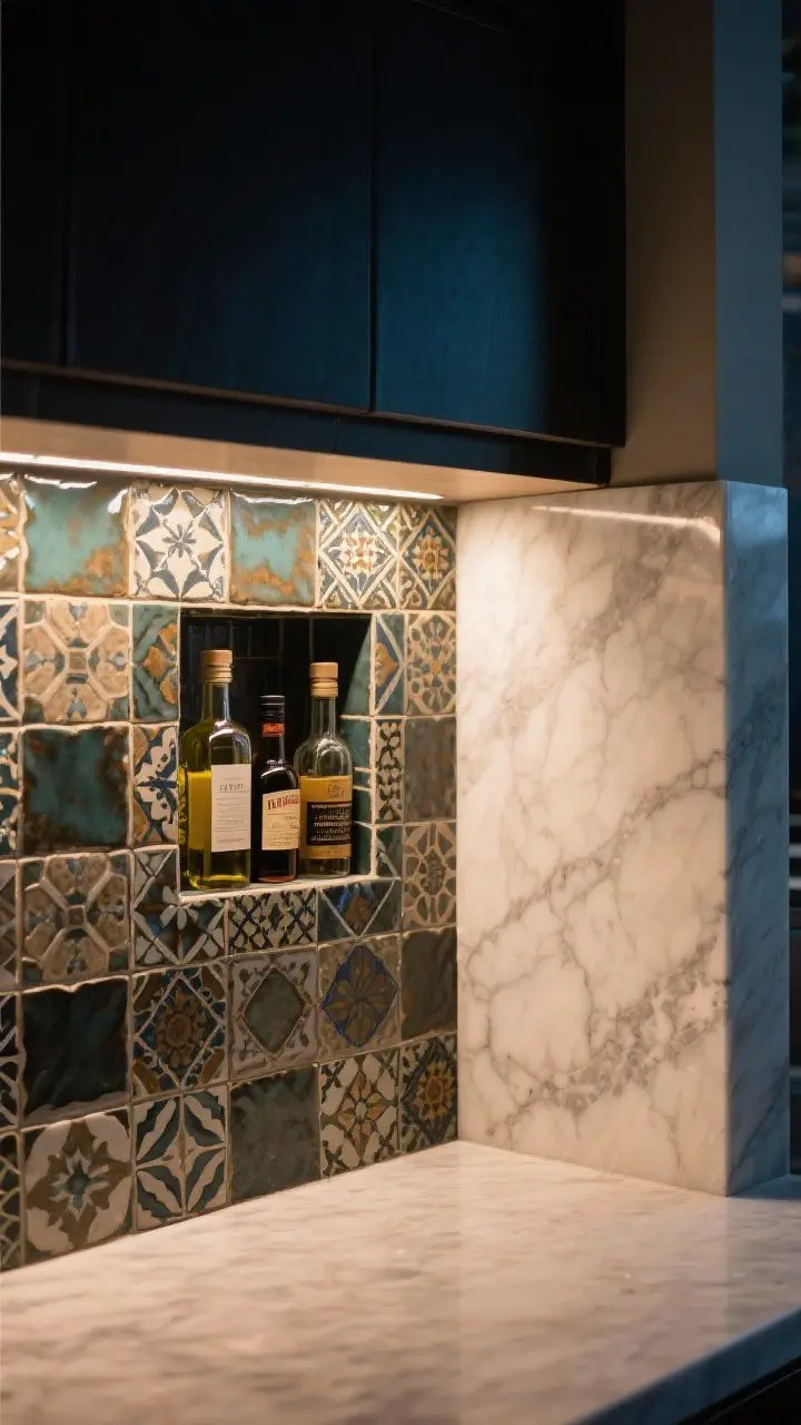 Closeup detail of a texture-forward backsplash: dramatic zellige tile surface with varied glaze reflecting under-shelf lighting; a small tile niche inset holding oils and bar bitters; alternative section showing a full-height quartz slab corner with zero grout lines. Humidity-safe, richly textured, night lighting accentuates depth.