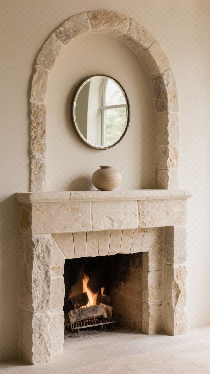 Closeup detail of an arched firebox opening in tumbled limestone with a honed, matte finish; thin, refined grout lines for an upscale look; an arched stone header accentuates width; styled with a round mirror above to echo the curve and a simple ceramic vessel; warm, soft lighting highlights the stone’s subtle aging; photorealistic, straight-on tight crop.