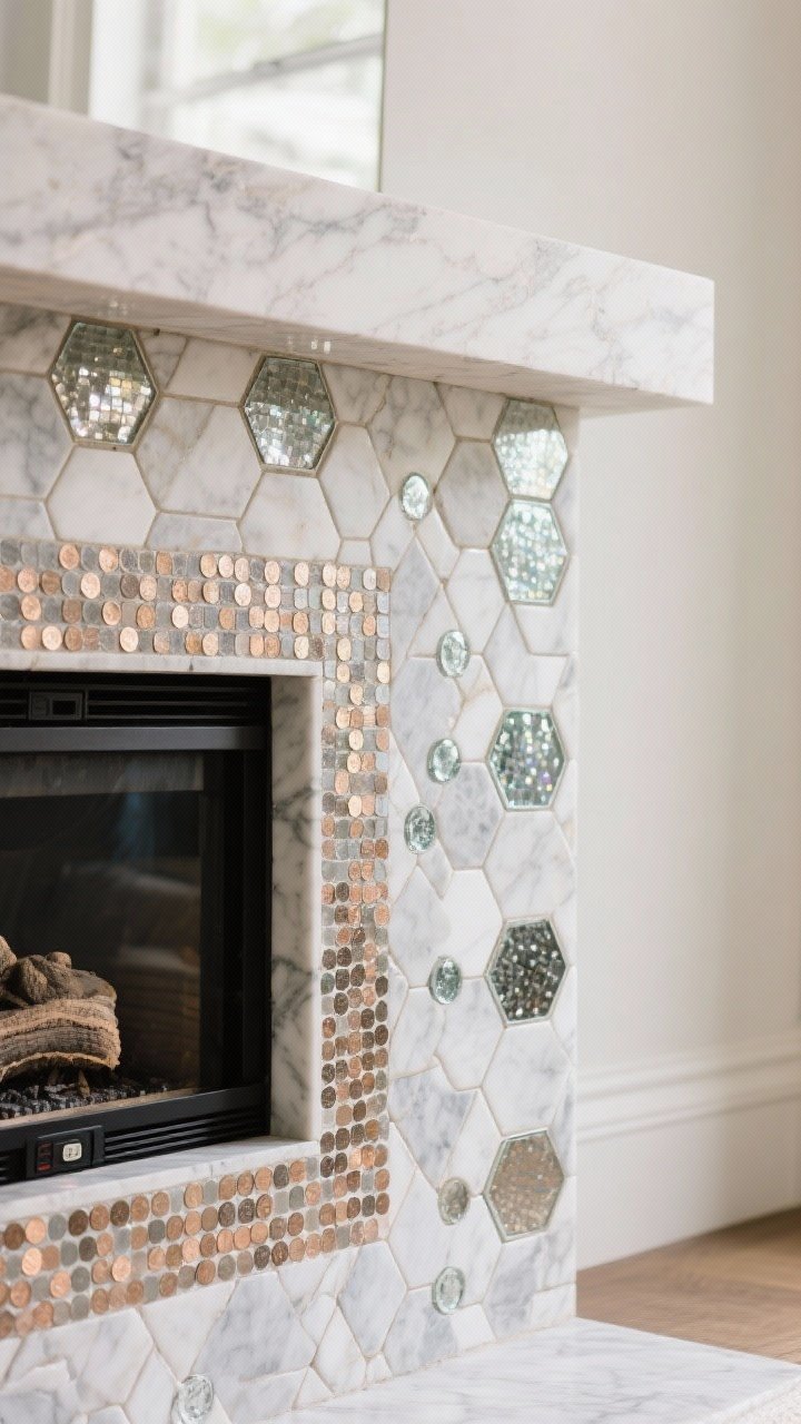 Closeup detail of fireplace surround clad in tiny mosaics: mixed materials of marble hex mosaics and penny rounds blending into a soft texture, matching grout color for a less busy, cohesive look, subtle shimmer from glass mosaic accents near an electric insert, crisp geometry captured at a slight angle with diffused light.