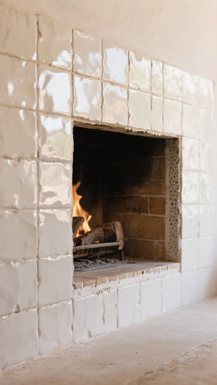Closeup detail of hand-glazed zellige tiles around a fireplace opening, warm white tone-on-tone variation with glossy, uneven surfaces catching the light, subtle color variance tile to tile, reflective glaze brightening the scene, installer-style balanced layout, shown with heat-rated grout and adhesive visible at edges, soft ambient glow.