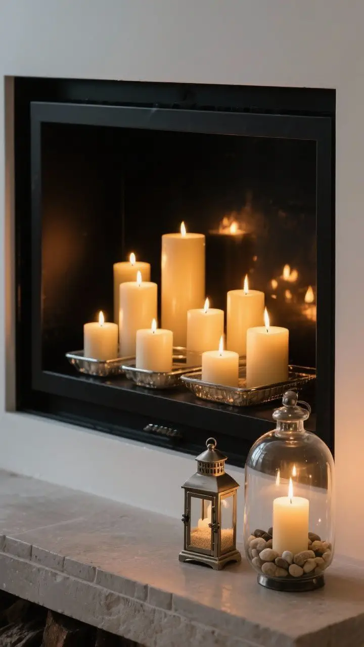Closeup/detail of layered candles creating a faux-fire glow: inside a matte black firebox, staggered pillar candles in varying heights on heat-safe trays, producing warm flicker. On the hearth in front, two lanterns of different sizes and a glass hurricane partly filled with sand and pebbles holding a taper. Low-light, evening ambiance with soft golden candlelight. Keep scent implied minimal, no labels. Tight shot focusing on flame reflections and textures of glass and metal.