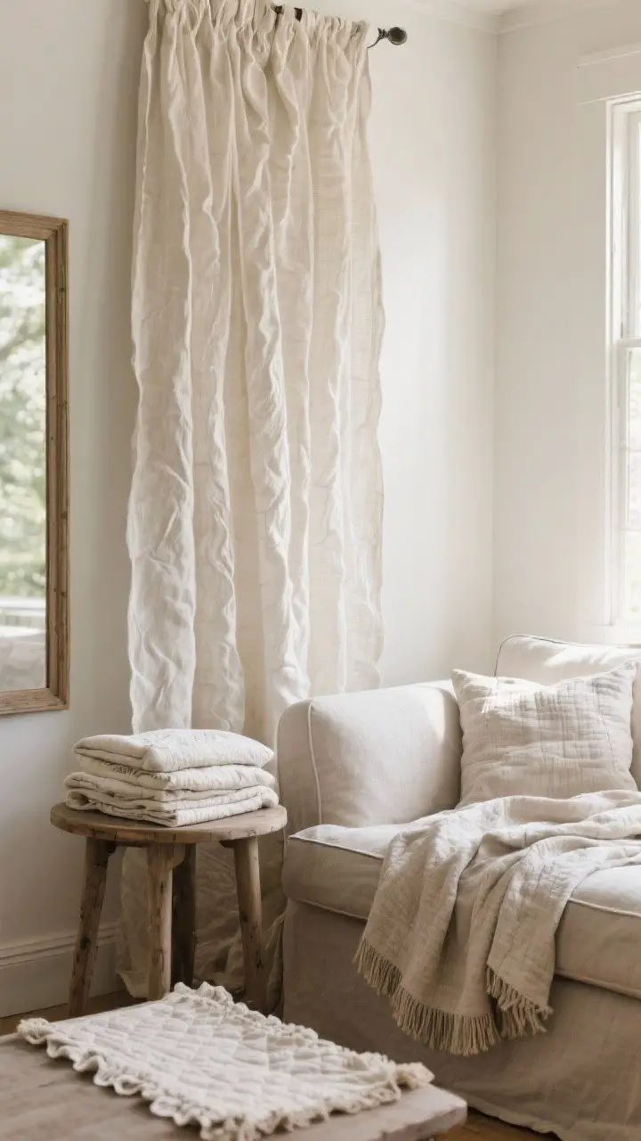 Closeup detail of layered linens: floor-length unlined linen curtains with a breezy ripple, a linen slipcovered sofa edge in frame, ruffled linen table runner on a small side table; casually draped linen throws and a folded washed cotton quilt stacked nearby; soft morning light emphasizing slubby texture and natural wrinkles as part of the charm.