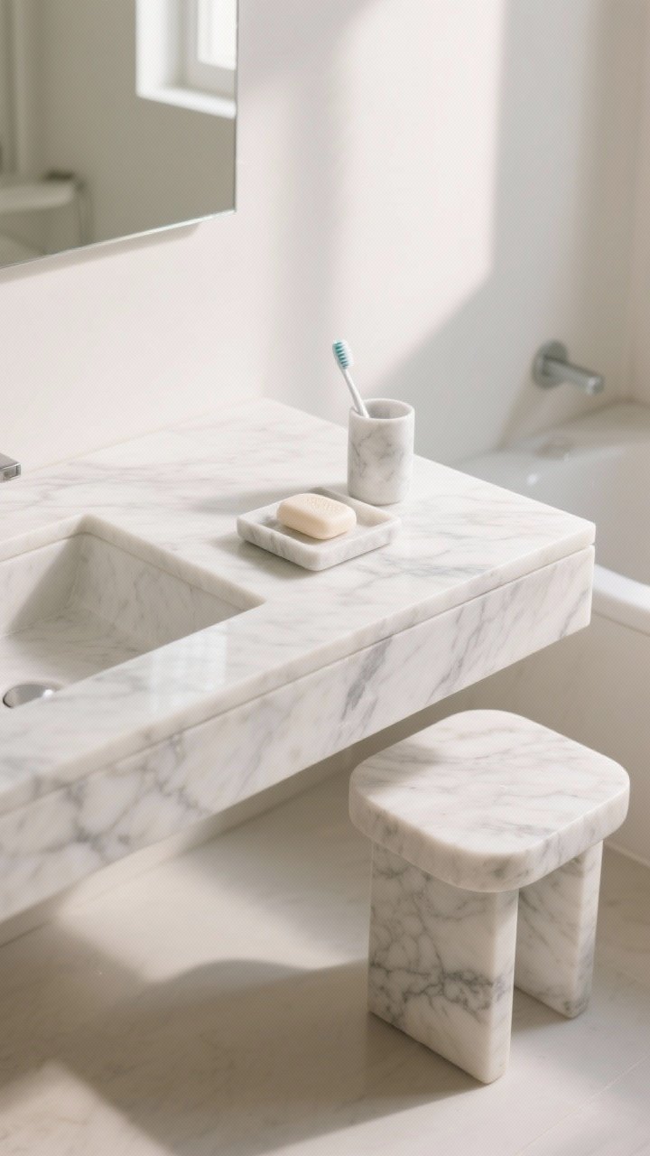Closeup detail of serene marble elements in a modern bathroom: soft white and cream marble with subtle gray veining, a marble-topped vanity with crisp edges, a small marble tray holding a marble soap dish and toothbrush cup, and a compact marble stool nearby; natural diffuse daylight, clean lines, airy composition, no people.