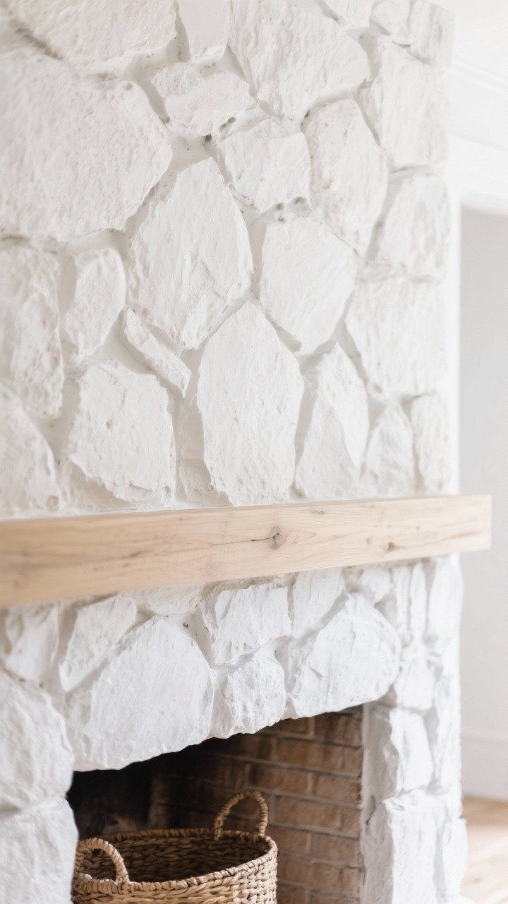 Closeup detail of whitewashed fieldstone texture on a fireplace surround; limewash finish allows stone shapes and depth to show through; layered, semi-opaque application visible; a pale oak mantel edge enters the frame with a woven basket on the hearth below to warm up the whites; bright, airy lighting to emphasize the breezy feel; photorealistic macro texture focus with shallow depth of field; straight-on crop.