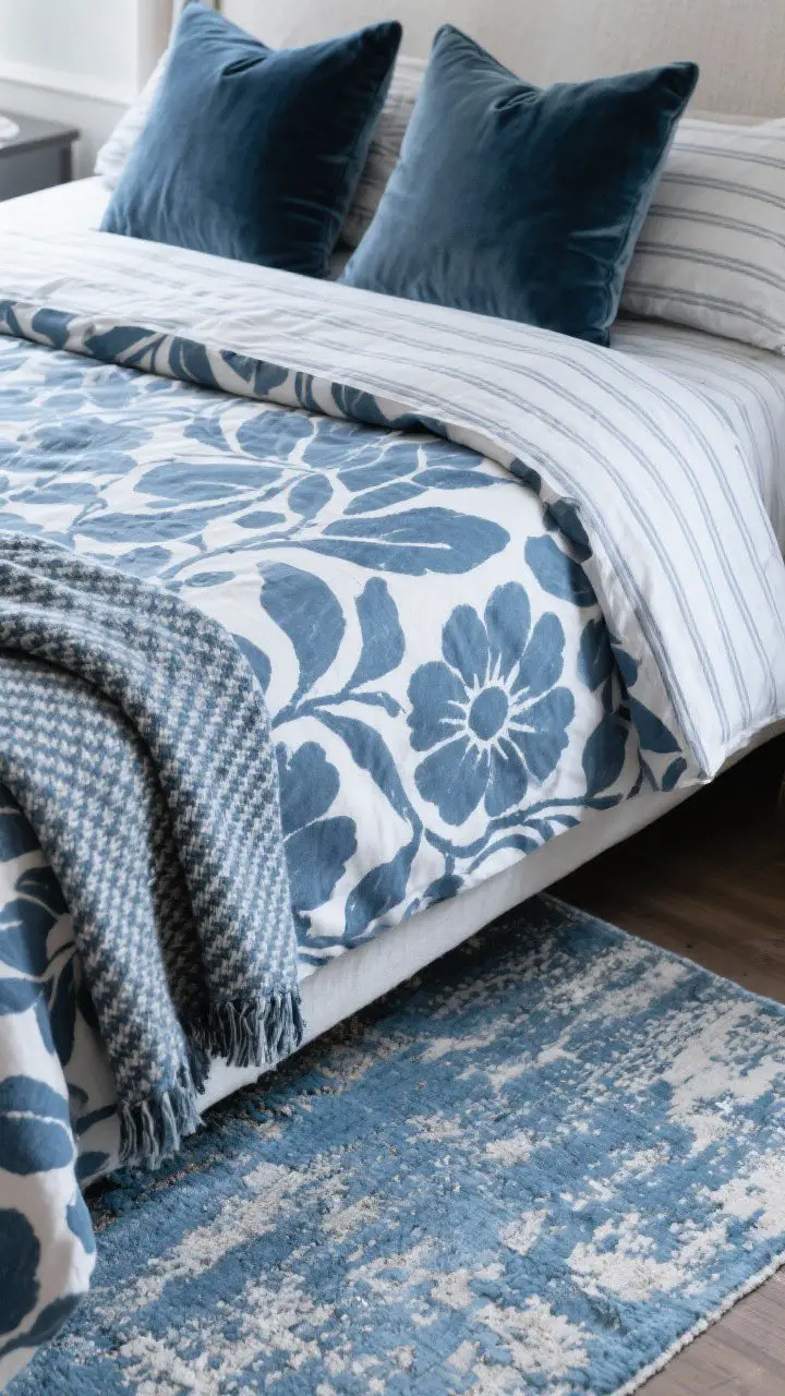 Closeup detail on patterns: A coordinated blue-and-gray bedding vignette showing a large-scale abstract or floral print duvet (hero pattern), small stripe sheets peeking out, and solid velvet accent pillows; a distressed blue-gray rug visible at the edge; micro-check or herringbone throw draped subtly; all patterns kept within the same color family to avoid clash; soft diffused lighting to highlight fabric detail.