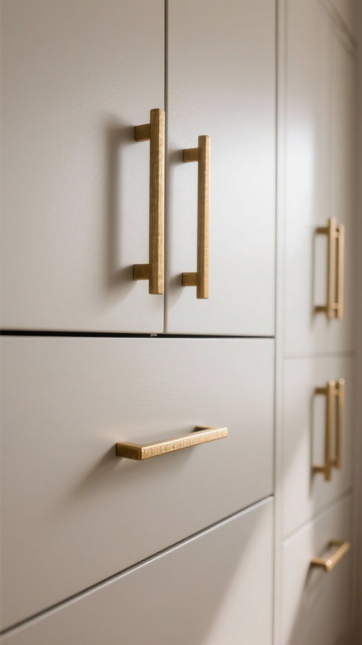 Closeup detail: Quiet, high-quality hardware on flat-front cabinetry—slim bar pulls and tab pulls in warm brass with a tactile brushed finish, consistent hardware across drawers and doors, focus on ergonomics and comfortable grip. Neutral cabinet color in the background, soft directional light accentuating the metal texture, photorealistic, no people.