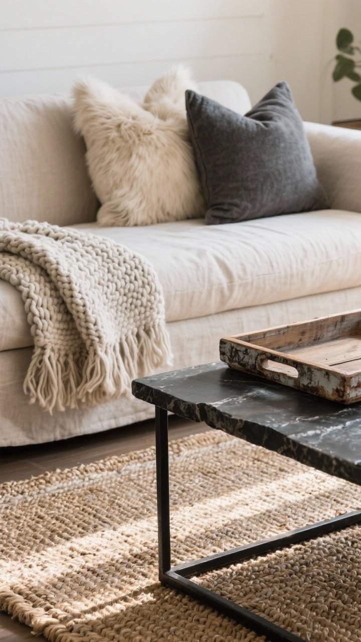 Closeup detail shot: layered textures on a neutral slipcovered sofa—linen and faux fur pillows in bone and soft charcoal, a chunky knit throw, and a distressed wood tray on a matte black metal-and-stone coffee table; foreground shows a woven jute rug with a soft wool runner layered on top; warm natural morning light emphasizes tactile weaves; photorealistic, no people.