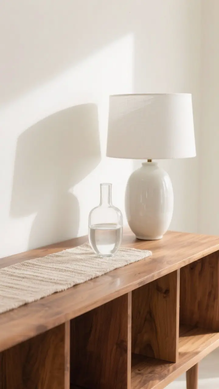 Closeup detail shot of a console table styled to showcase mixed textures: a warm oak wood console with a matte white ceramic lamp, a clear glass vase, and a soft flax-colored linen runner beneath; natural daylight grazing the surfaces to emphasize texture contrast; neutral palette with subtle wood grain, ceramic matte finish, glass reflections, and linen weave; background wall in soft warm white, no people, photorealistic.