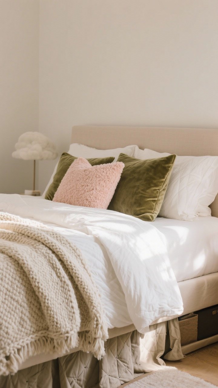 Closeup detail shot of bed styling: neutral cotton or linen sheets and a warm white duvet layered with a chunky knit throw and a quilted blanket at the foot; velvet and boucle pillows in soft blush and sage; show a removable slipcover on a simple headboard for a subtle color update; soft, diffused afternoon light for a “cloud-nine” cozy texture focus; include a glimpse of an under-bed skirt concealing storage.