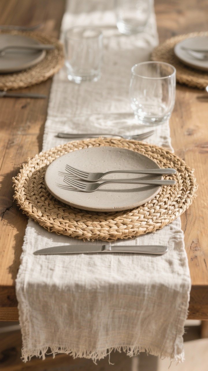 Closeup detail shot of layered dining place setting: a raw-edge natural linen runner down the center of a warm wood table, round rattan seagrass charger, matte stoneware dinner plate, brushed stainless flatware, and glossy clear stemless glassware; neutral palette in beige, sand, and soft gray with natural daylight grazing across textures to emphasize weave, braid, and matte-versus-gloss contrast.