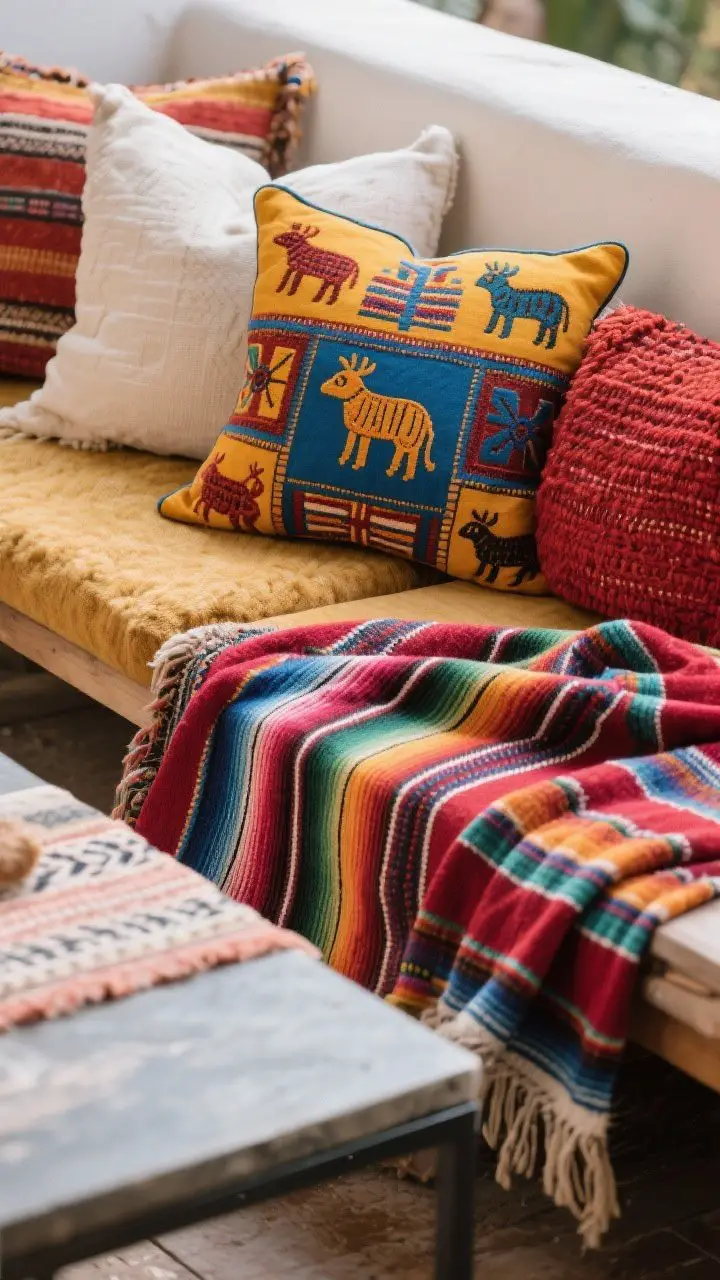 Closeup detail shot of layered textiles on an outdoor bench: a draped multicolor serape, Otomi-inspired pillows with embroidered animal motifs in cobalt, marigold, and red, woven throws, and cotton cushions; textures vary from tough outdoor fabric to soft wool; palette limited to three repeating colors; soft natural shade lighting showing fabric weave; serape also partially covering a low table like a casual tablecloth; no people.