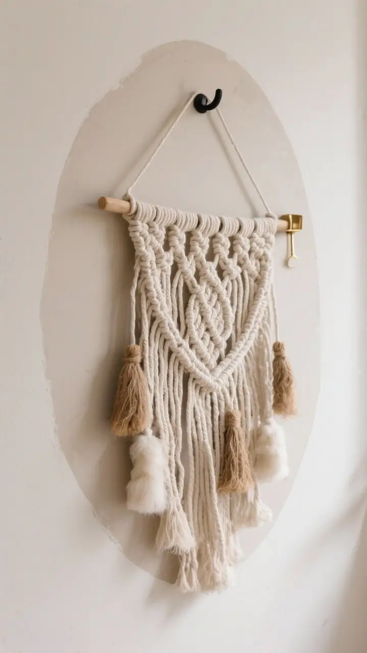 Closeup/detail: Textural vignette of a woven wall hanging—cream macramé with wool accents—layered over a softly painted oval shape on the wall to strengthen presence. Natural fibers like jute and cotton visible, with a small matte black hook and a nearby brass accent to balance softness. Neutral palette, tactile focus, soft side lighting to highlight weave.