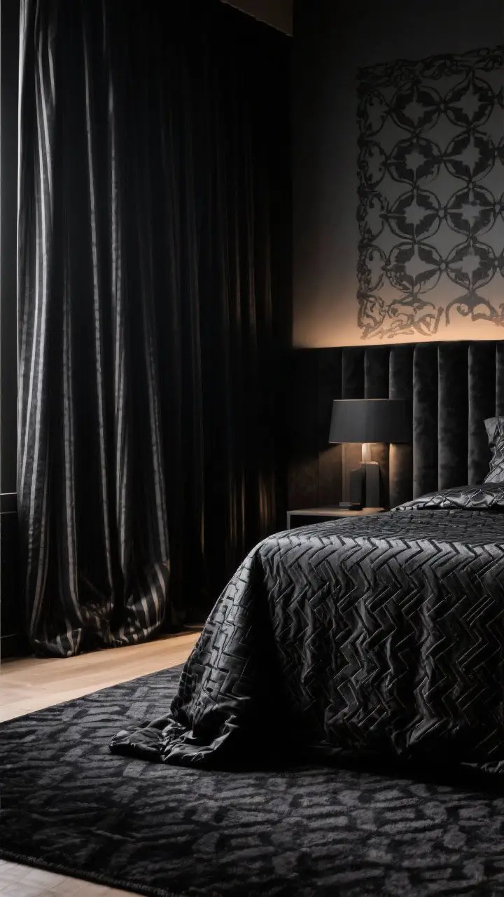 Closeup/detail: Tonal black-on-black patterns—an inky jacquard duvet with a faint geometric weave, subtly striped black curtains where mixed weaves catch the light differently, and a corner of a patterned dark rug; a nearby wall shows a satin-over-matte stenciled motif that only reveals under raking light; warm, low-angle lighting to emphasize pattern without high contrast.