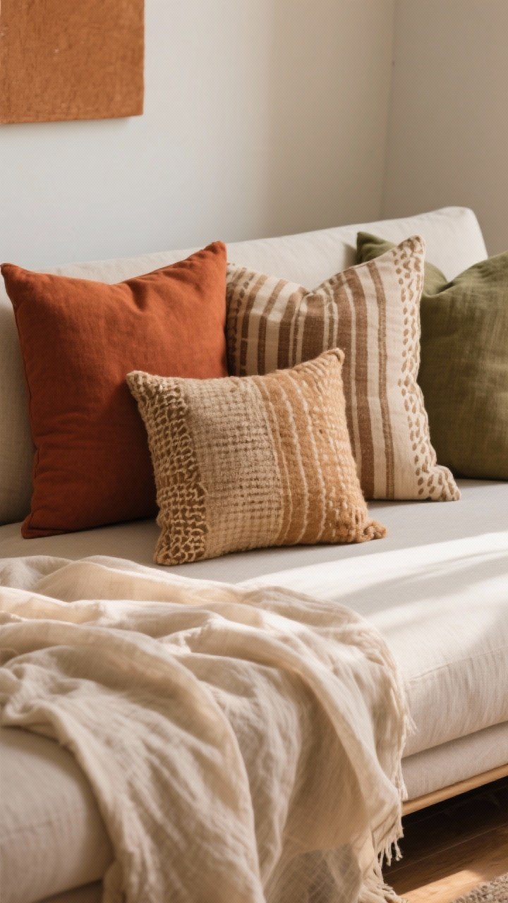 Closeup of earth-toned textiles on a sofa: terracotta, rust, oat, cocoa, and sage pillows in natural fibers (linen, cotton, wool) mixed with one or two subtle patterns like stripes or block prints; a lightweight muslin throw draped over the seat; diffused daylight enhancing warm hues, photorealistic.