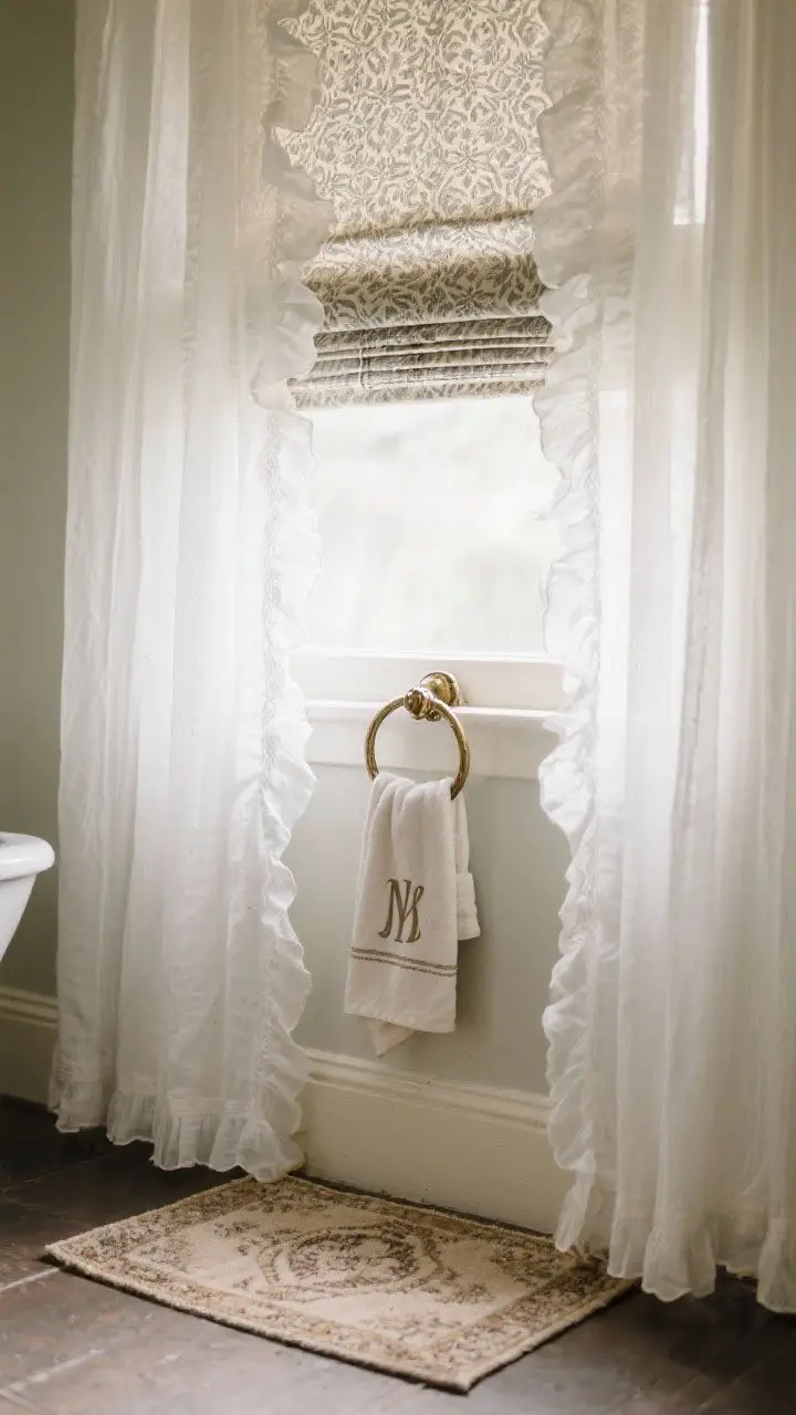 Closeup of layered textiles: ruffled café curtains in sheer white layered under a patterned roman shade at a small window; a monogrammed linen hand towel (cotton-linen blend) hangs neatly on an antique brass ring; on the floor, a small vintage rug acts as a bath mat atop a hidden rug pad; soft, filtered daylight gives the fabrics a romantic, tactile presence.