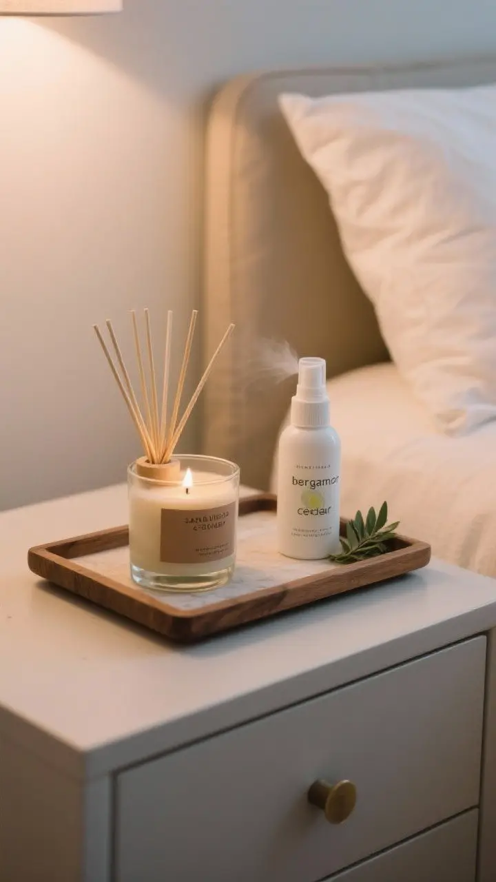 Closeup scent vignette: A tray on a nightstand with a sandalwood/cedar candle, a minimalist reed diffuser (eucalyptus by day), and a linen spray bottle labeled bergamot or cedar. Crisp white pillow corner in frame, suggesting a light pre-sleep mist. Warm, soft evening light, clean and subtle mood.