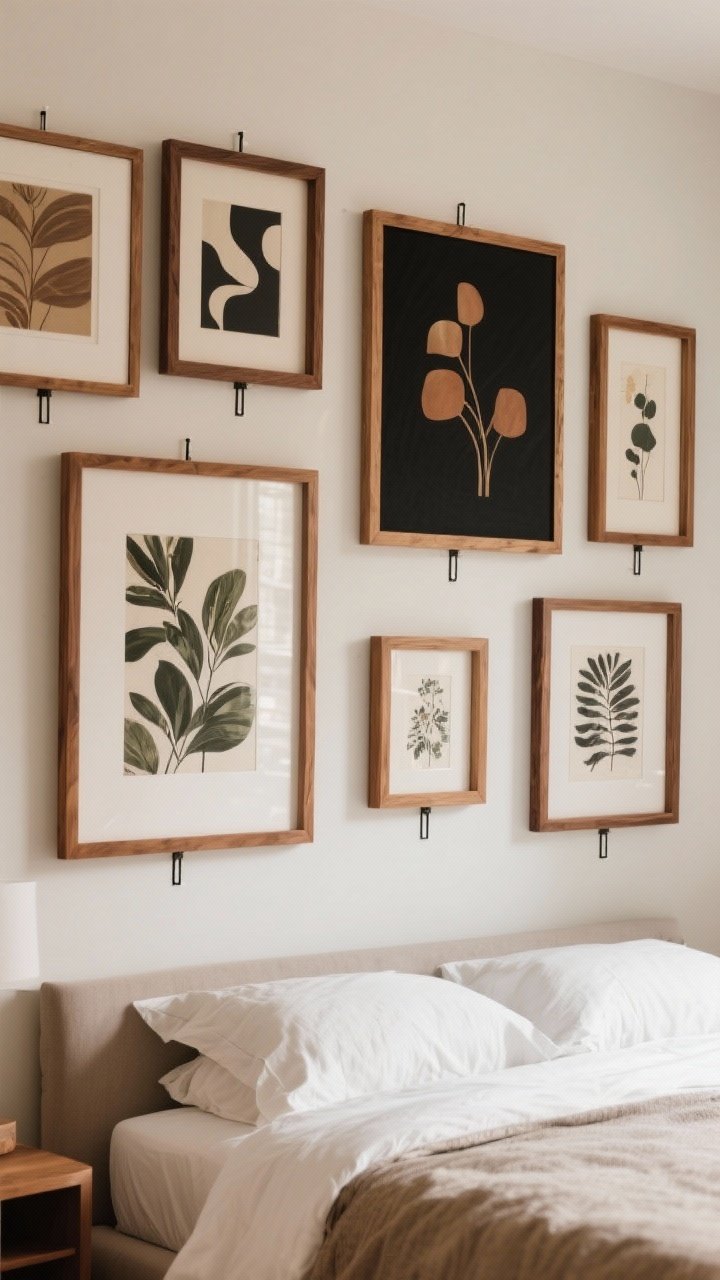 Closeup, straight-on detail of a curated gallery wall behind the bed: mixed frames in cohesive warm wood and black finishes, varied sizes with consistent 2–3 inch spacing; artwork spans abstract and botanical prints within a shared color palette; command strips subtly visible at one frame edge; soft, even ambient light.