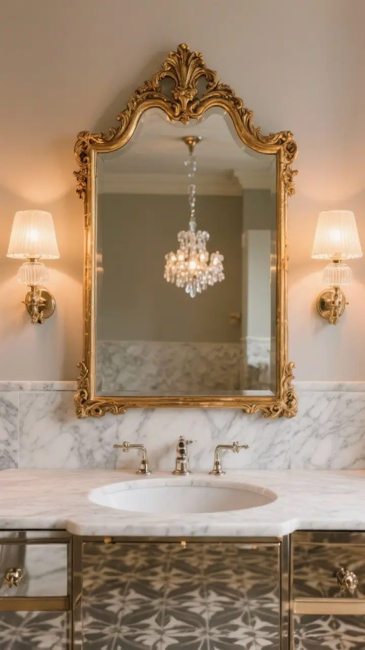 Closeup, straight-on detail of an ornate gilded mirror with carved frame above a vanity, flanked by two sconces with milk glass shades; warm bulbs at 2700–3000K cast a flattering glow on marble backsplash and polished metal; in the blurred background, a petite crystal mini chandelier hints at a secondary light source; reflections capture patterned floor without dominating the scene.