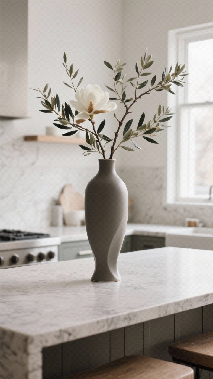 Closeup, straight-on view of a tall sculptural matte porcelain vase with a bold, narrow silhouette centered on a kitchen island, holding dramatic seasonal branches (olive branches in summer/eucalyptus in winter/magnolia in fall). Neutral stone countertop, minimal clutter, soft natural daylight from side windows, clean sightlines across the island, subtle water-tight insert implied, airy modern kitchen backdrop.