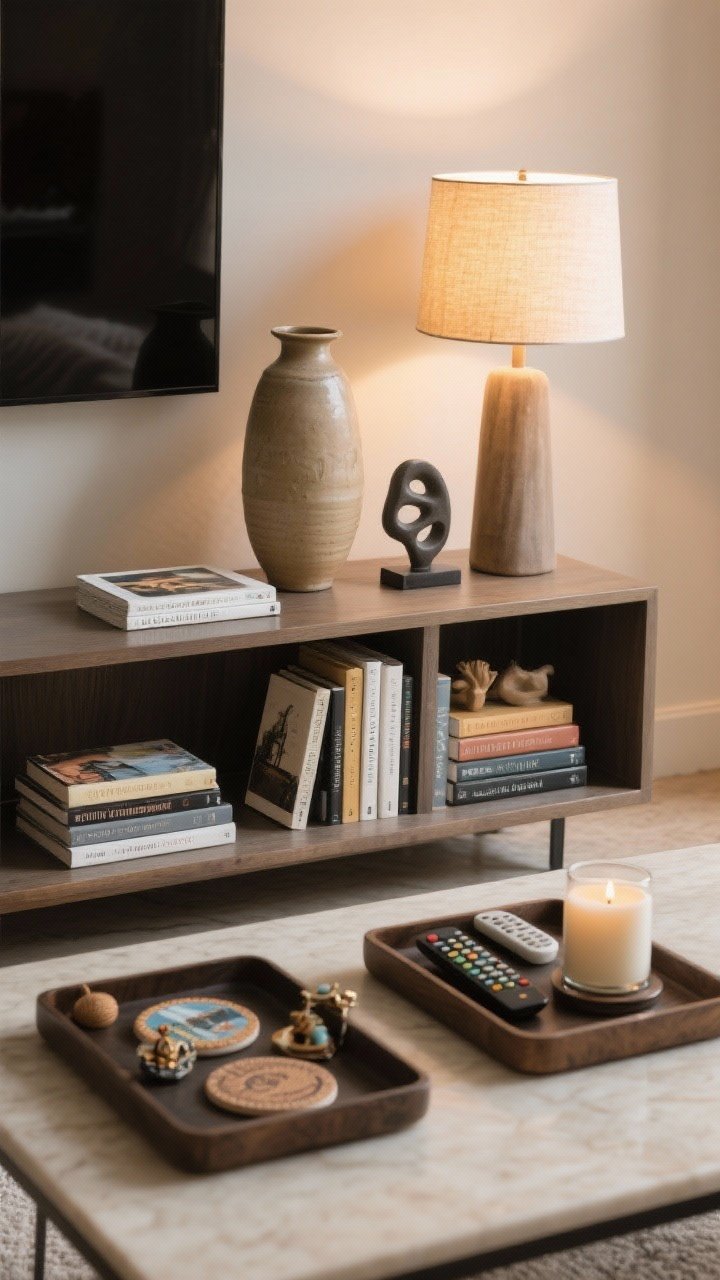 Closeup styling of a coffee table and shelf: rule of thirds grouping with varied heights—tall ceramic vase, horizontal art books, and a small sculptural object; a tray corralling remotes, a candle, and coasters; a few travel trinkets and a well-loved paperback stack; warm ambient lamp light to create depth; restrained, edited arrangement to avoid clutter