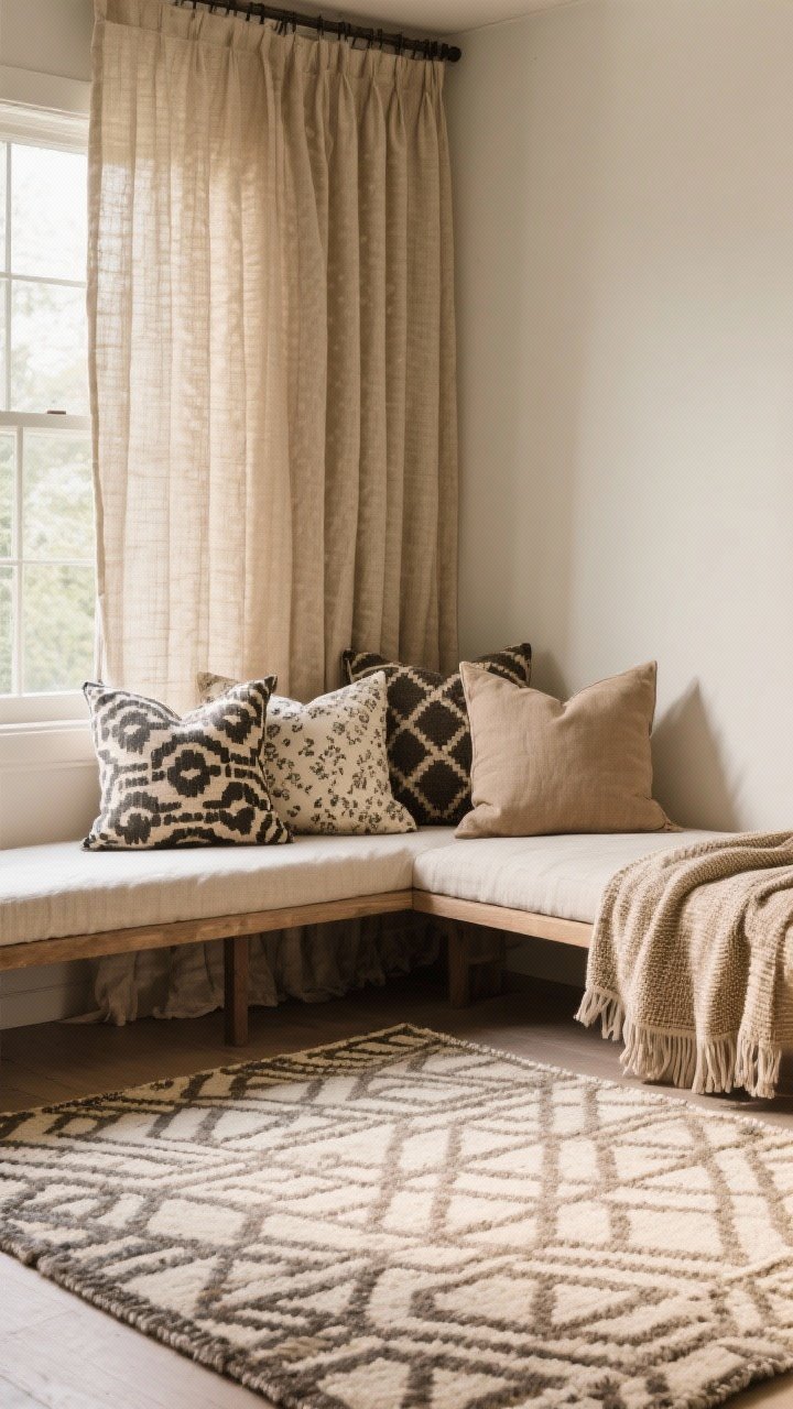 Closeup texture detail of textiles doing the heavy lifting: a large, oversized rug with subtle geometric pattern grounding the space; curtain panel hung high and wide in a linen-beige fabric to elongate the window; an arrangement of pillows on a bed or bench mixing one bold pattern, one small print, and one solid in complementary tones; emphasize washable fabrics; warm, diffused daylight highlighting weave and pattern depth.