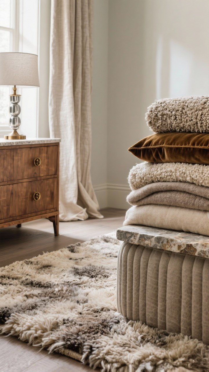 Closeup texture study: A layered mix—plush wool rug with dense pile underfoot, a fluted wood dresser corner meeting a stone-topped nightstand edge, linen drapery pooling lightly, and a stack of bouclé, cashmere, alpaca, and velvet throws and pillows; a hint of bronze pulls and nickel lamp base for balanced shine; soft directional daylight to reveal tactile richness.