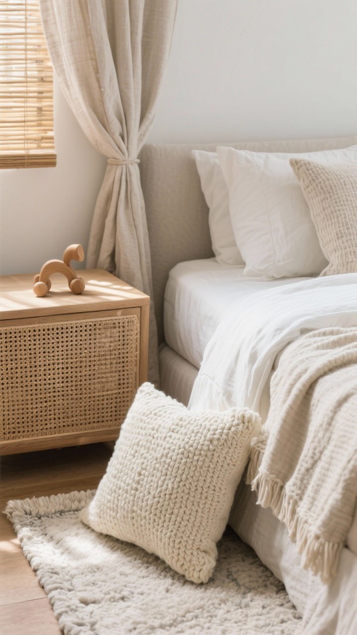 Closeup texture study: layered textiles on a bed corner showing a soft area rug edge, a chunky knit pillow in cream, a lightweight throw, and a linen-blend curtain with nice drape; nearby rattan nightstand top with a wooden toy and bamboo shade casting gentle shadows; tight color palette, tactile, cozy feel
