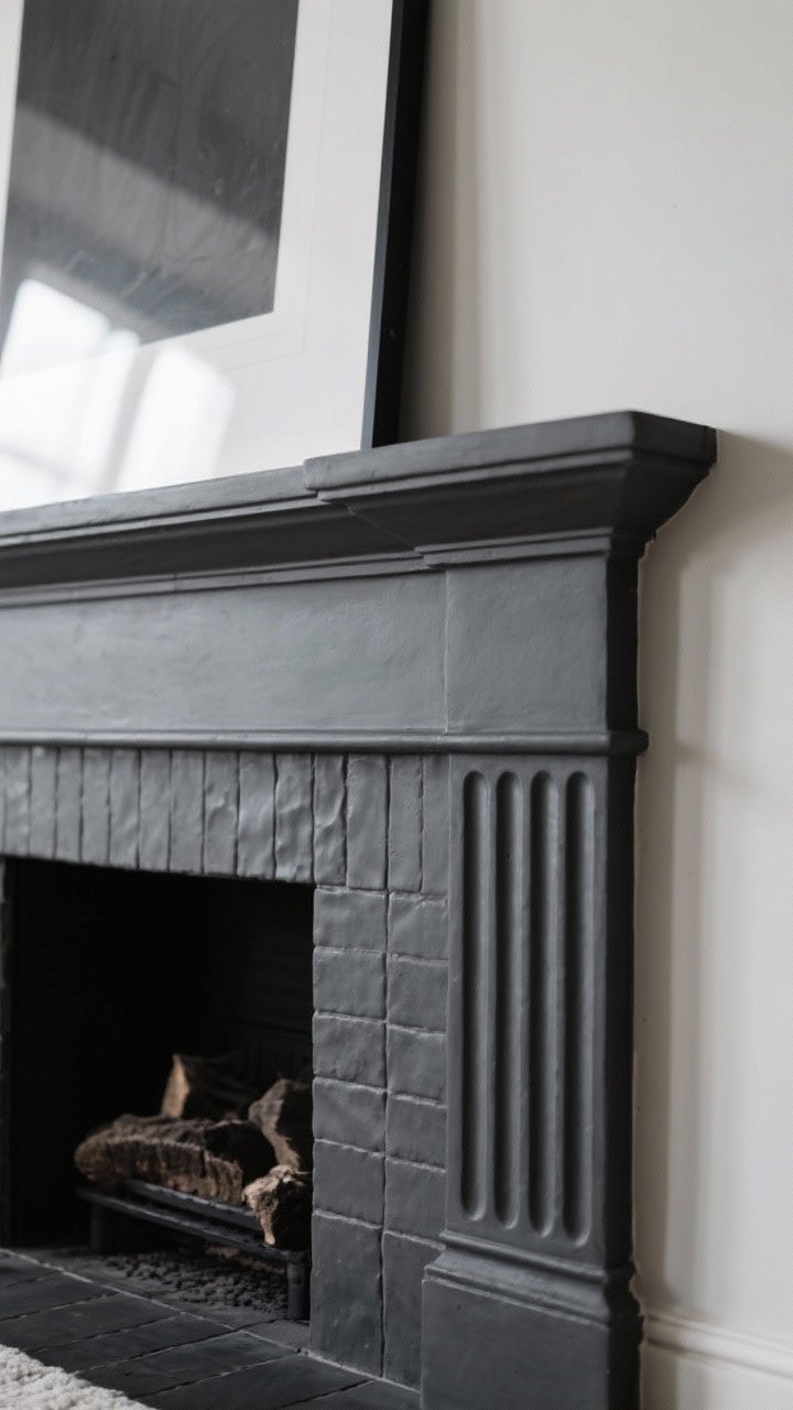 Closeup texture study of a monochrome fireplace surround: matte charcoal field tiles paired with a glossy trim and fluted accent pieces in the same color, layered texture without loud pattern, soft shadows enhancing relief, a bold framed artwork just out of focus above to suggest the perfect backdrop, gentle side lighting to reveal surface depth.