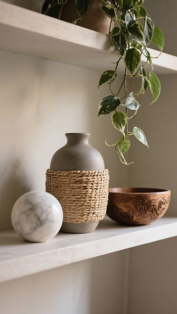 Closeup texture study of a single shelf: matte stoneware vase, woven seagrass basket, a carved wood bowl, a smooth marble sphere, and a trailing pothos plant cascading from the upper corner. Emphasize tactile contrast—matte, glossy, and raw finishes together. Side-lit to catch surface textures, shallow depth of field for rich detail.