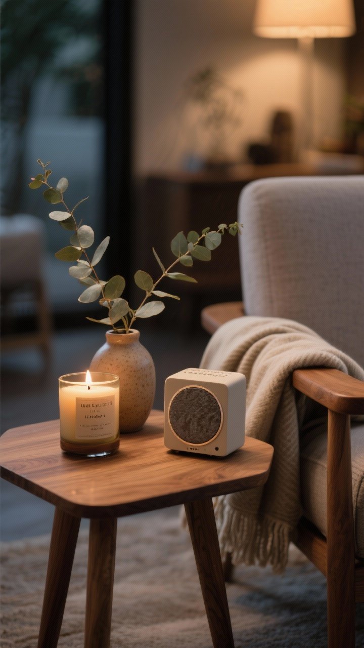 Closeup vignette capturing scent and sound: a wood side table with a cedar and sandalwood candle in a ceramic vessel beside a compact speaker, a eucalyptus sprig in a small vase, and a folded soft throw within reach on the arm of a chair; cozy evening glow, photorealistic.