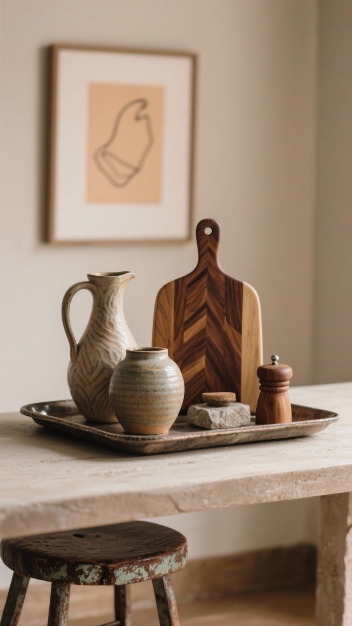 Closeup vignette: Layered soulful, handmade details—on a tray, arrange a handmade ceramic vase, an artisanal sculptural pitcher, an end-grain walnut cutting board, and a small stone or wood salt cellar. Include a vintage, timeworn stool edge and a minimal line drawing artwork in warm tones blurred in the background. Neutral colors, varied heights, soft side lighting, photorealistic, no people.