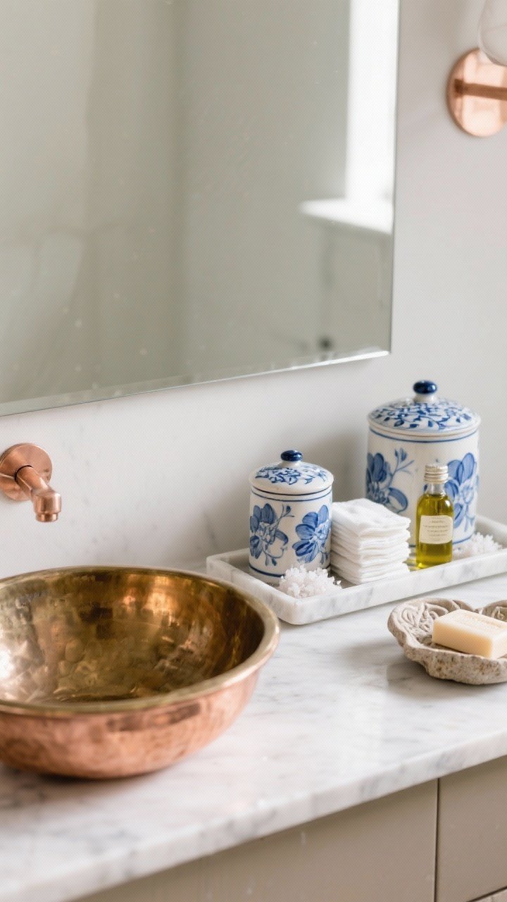 Closeup vignette of copper and ceramic accents on a clean vanity: a small copper or brass basin on a shelf with natural olive oil soaps stacked on a marble tray, blue-and-white ceramic canisters holding cotton pads and bath salts, and a carved stone or ceramic soap dish; edited, uncluttered styling; soft daylight with gentle reflections.