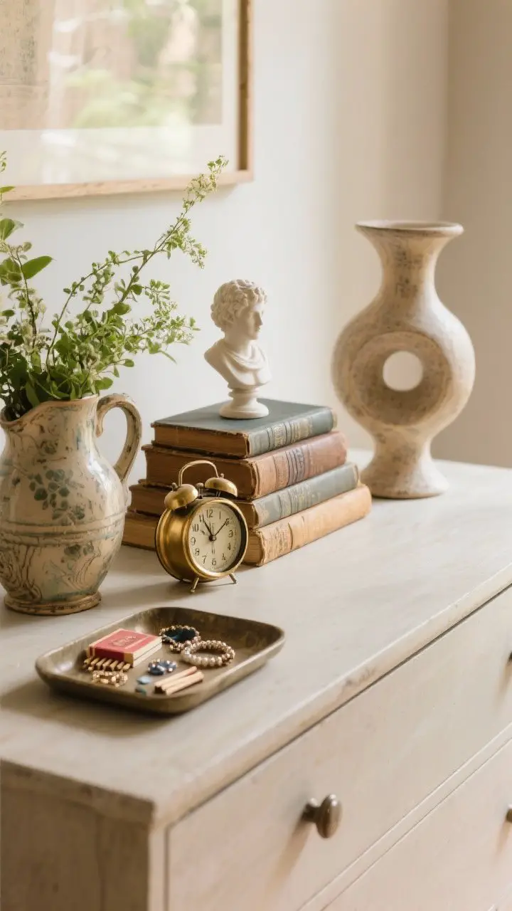 Closeup vignette on a dresser styled with meaningful vintage accessories: an analog brass alarm clock, antique ceramic pitcher with fresh garden greenery, a stack of old books topped with a tiny bust, and a shallow tray corralling jewelry and matchbooks. One conversation piece stands out—a quirky sculptural vase. Balanced, uncluttered composition; warm natural light; no people.