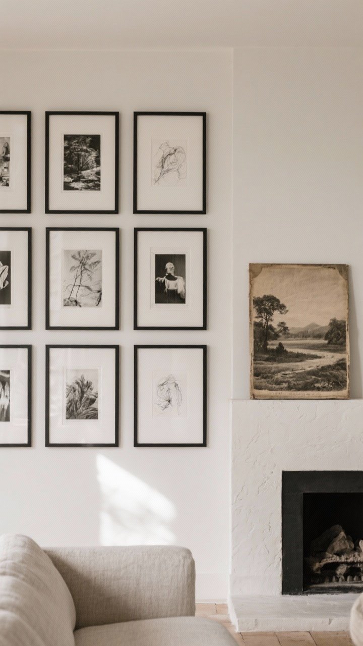 Closeup wall vignette of quietly bold art: a grid gallery of simple black frames with black-and-white photography and charcoal sketches, plus one large vintage landscape leaning on a mantle for casual contrast; neutral palette with subtle texture; soft, diffused daylight; photorealistic.