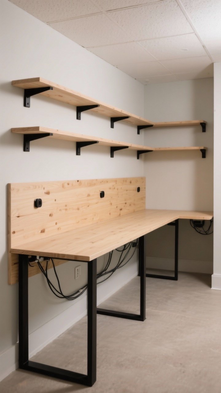 Corner angle medium shot: Basements-specific desk solutions—a long wall-to-wall plywood desk on sturdy black brackets with built-in cable grommets and a modesty panel, slim low-profile design to suit low ceilings; above, wall-mounted shelves; in a nearby nook, a floating corner desk reclaiming dead space; light wood, matte black hardware, clean cable lines, calm and practical.