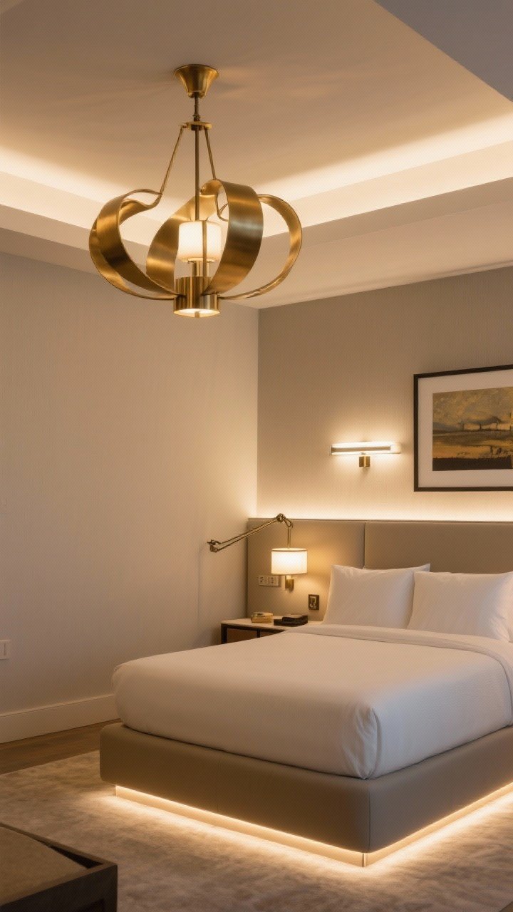Corner angle medium shot: Layered lighting scheme—sculptural brushed brass chandelier as the statement fixture, swing-arm bedside sconces freeing nightstand space, warm 2700K bulbs on dimmers; LED strip glow floating under the bed and soft cove lighting behind the headboard; picture light illuminating framed art; two lighting circuits suggested by the scene’s separate bright and ambient zones for a hotel-like glow.