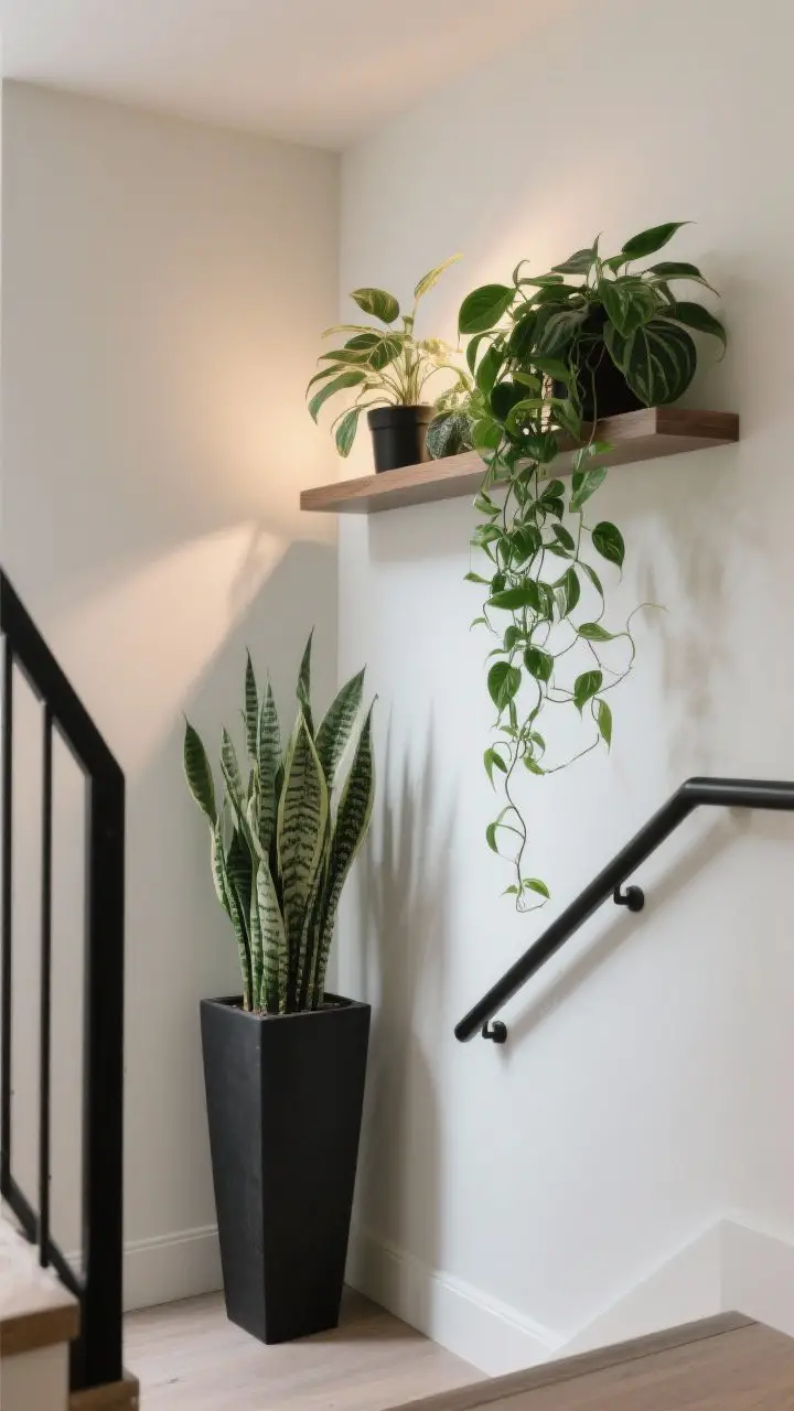Corner-angle medium shot of a landing styled with plants: a tall, narrow matte-black planter with a snake plant tucked beside the railing; a floating wall shelf holding trailing pothos and philodendron cascading down. Low-light, soft ambient illumination mimicking indirect daylight. Clean walls, no clutter, ensuring clear path; realistic plant textures emphasized.