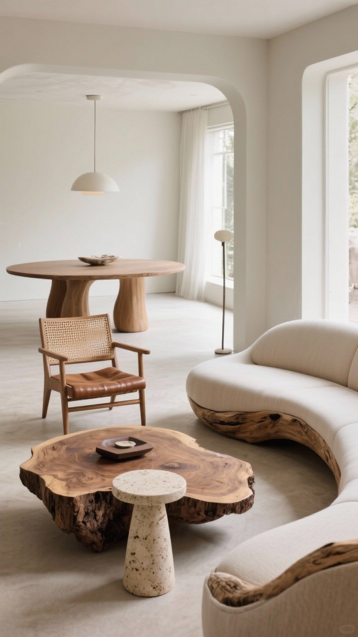 Corner-angle medium shot of organic, sculptural furniture: a curved sofa with rounded corners, live-edge wood coffee table paired with a small travertine side table, an accent chair with cane back and sling leather seat, and a pedestal dining table visible beyond to keep the space airy; open floor plan feel, natural daylight, photorealistic, no people.