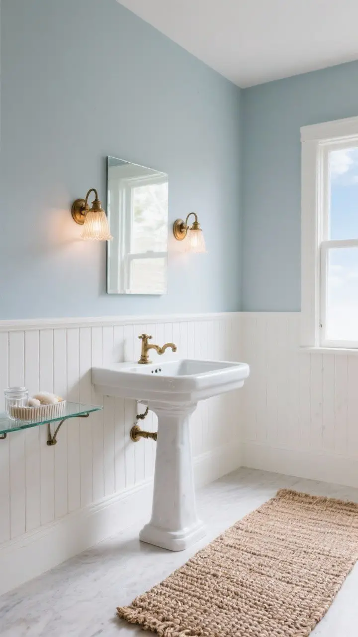 Corner angle medium shot of walls in powdery mist blue (soft gray-blue) above crisp white beadboard, a classic pedestal sink, antique brass sconces glowing warmly, a ribbed glass shelf with bath salts, and a woven runner on the floor; quiet morning-sky ambiance with soft, indirect light.