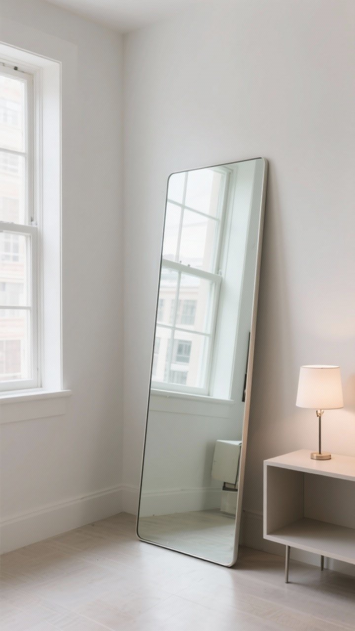 Corner-angle medium shot showcasing a large, thin-framed floor mirror leaning in a corner across from a window, bouncing natural light across the room; a minimal console with a small lamp sits opposite, its light doubling softly in the mirror; frame is slim and unobtrusive; bright, airy mood with depth added by the reflected space; no heavy decor around the mirror to avoid visual clutter.